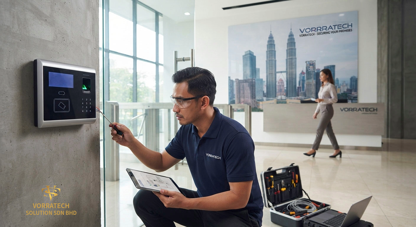 Access control system with biometric reader at a commercial building in Malaysia