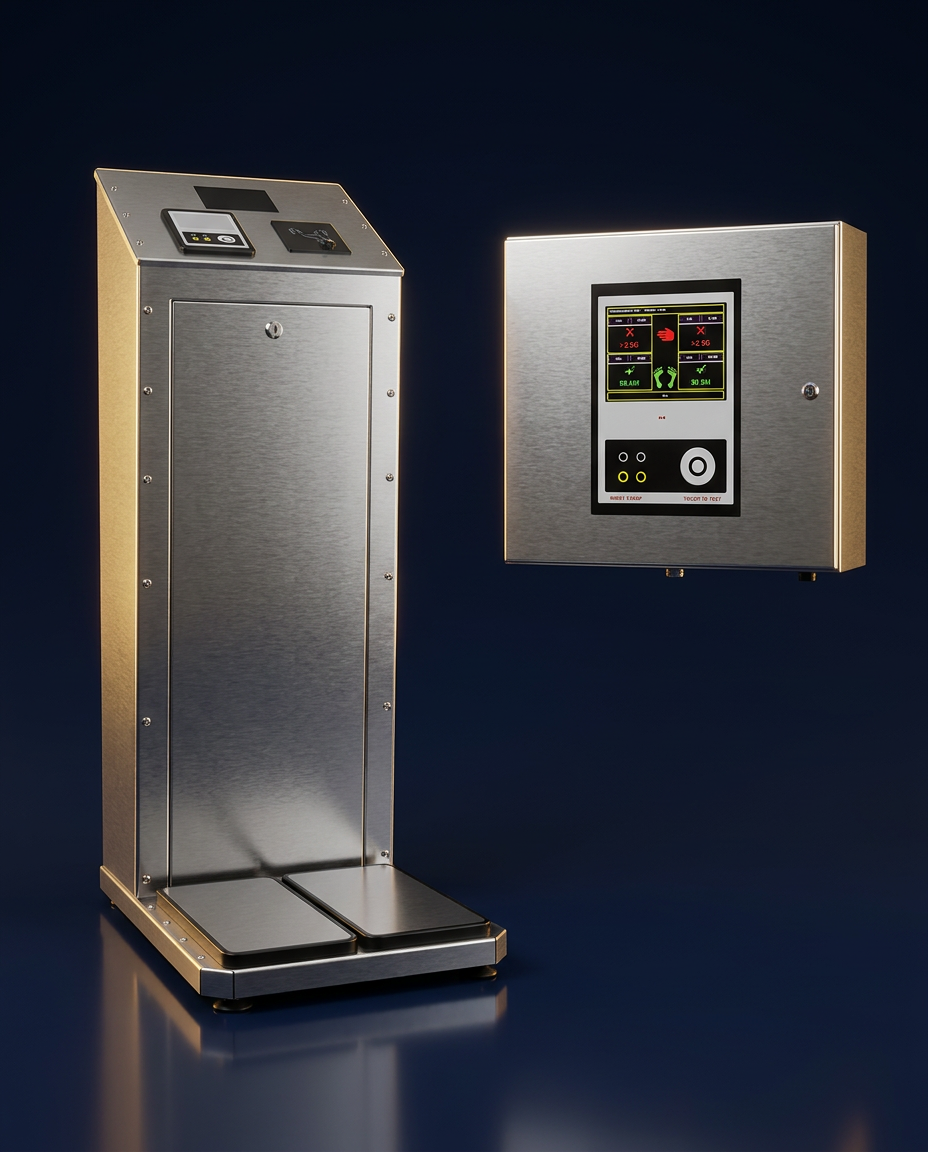 Floor-standing ESD tester station with digital display and footwear testing plate for cleanroom access