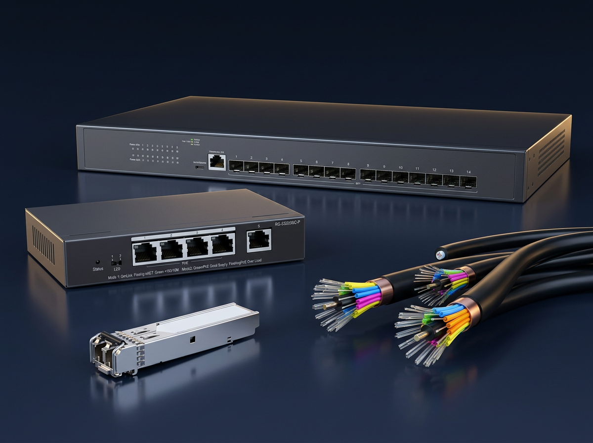 Fiber optic networking equipment with network switch and fiber optic patch cables